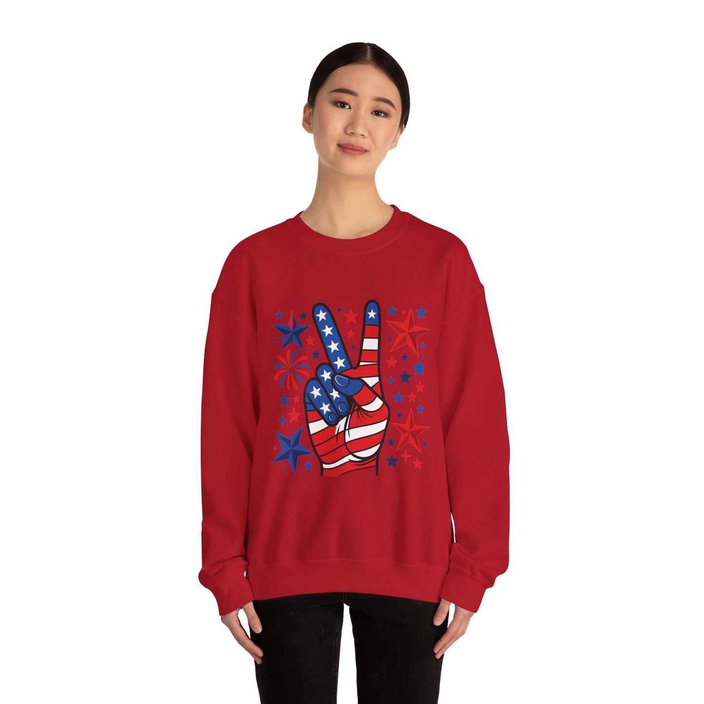 Patriotic Peace Crewneck Sweatshirt - Unisex Heavy Blend, 4th of July Clothing, Peace Sign Design, Casual Wear, Gift for Him/Her