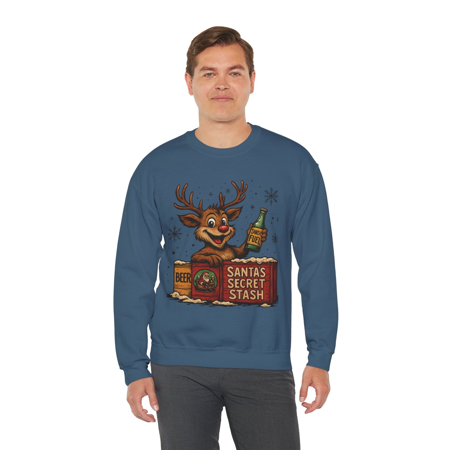 Mens Funny Christmas Sweatshirt, Santa's Secret Stash Reindeer Pullover, Men's Heavy Blend™ Crewneck Sweatshirt