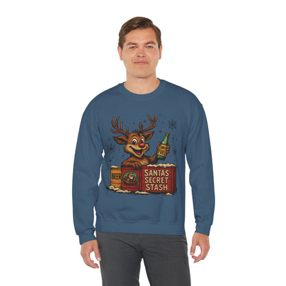 Mens Funny Christmas Sweatshirt, Santa's Secret Stash Reindeer Pullover, Men's Heavy Blend™ Crewneck Sweatshirt