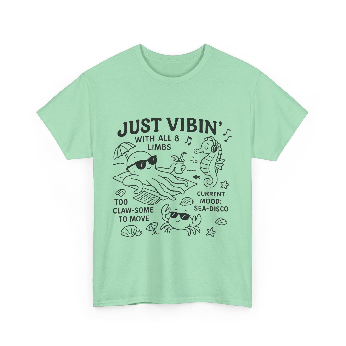 Just Vibin Womens T-Shirt, Cute Octopus & Sea Animals Graphic Tee, Funny Sea Disco Summer Shirt, Beach Vibes Gift for Her, Ocean Theme