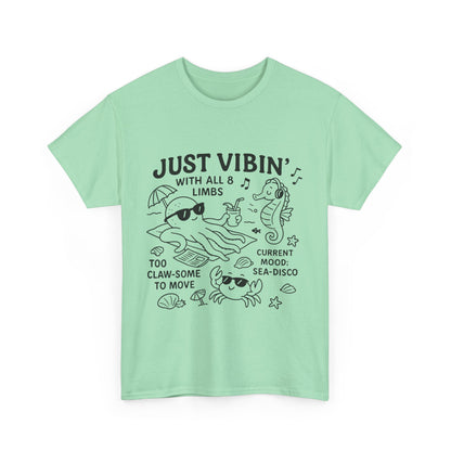 Just Vibin Womens T-Shirt, Cute Octopus & Sea Animals Graphic Tee, Funny Sea Disco Summer Shirt, Beach Vibes Gift for Her, Ocean Theme