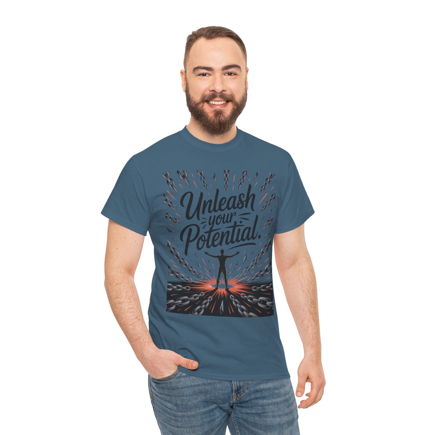 Inspiring Men's Heavy Cotton Tee, "Unleash Your Potential" Motivation Shirt, Gift for Graduates, Personal Growth Apparel, Casual Wear