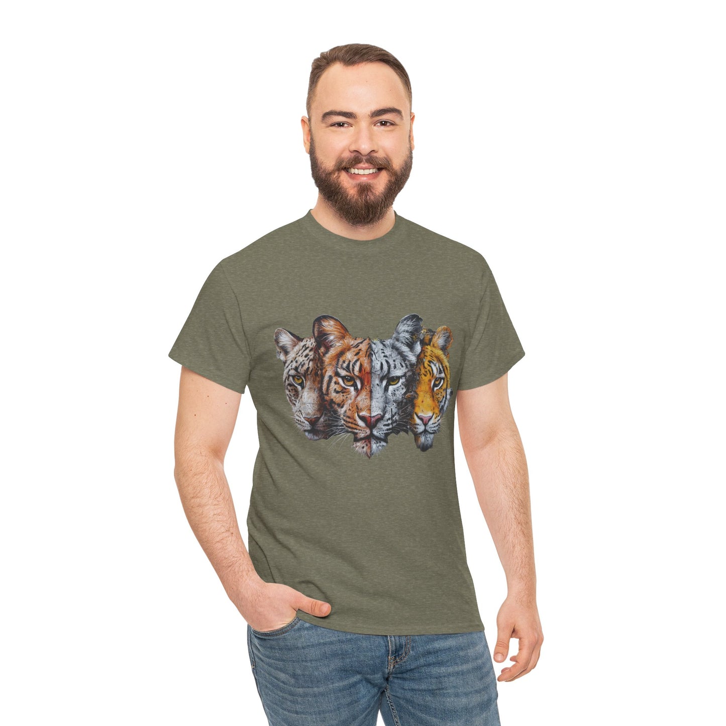 Wildlife Fusion Unisex Heavy Cotton Tee - Nature Lover's Apparel, Tiger Graphic Shirt, Animal Enthusiast Gift, Eco-Friendly Fashion