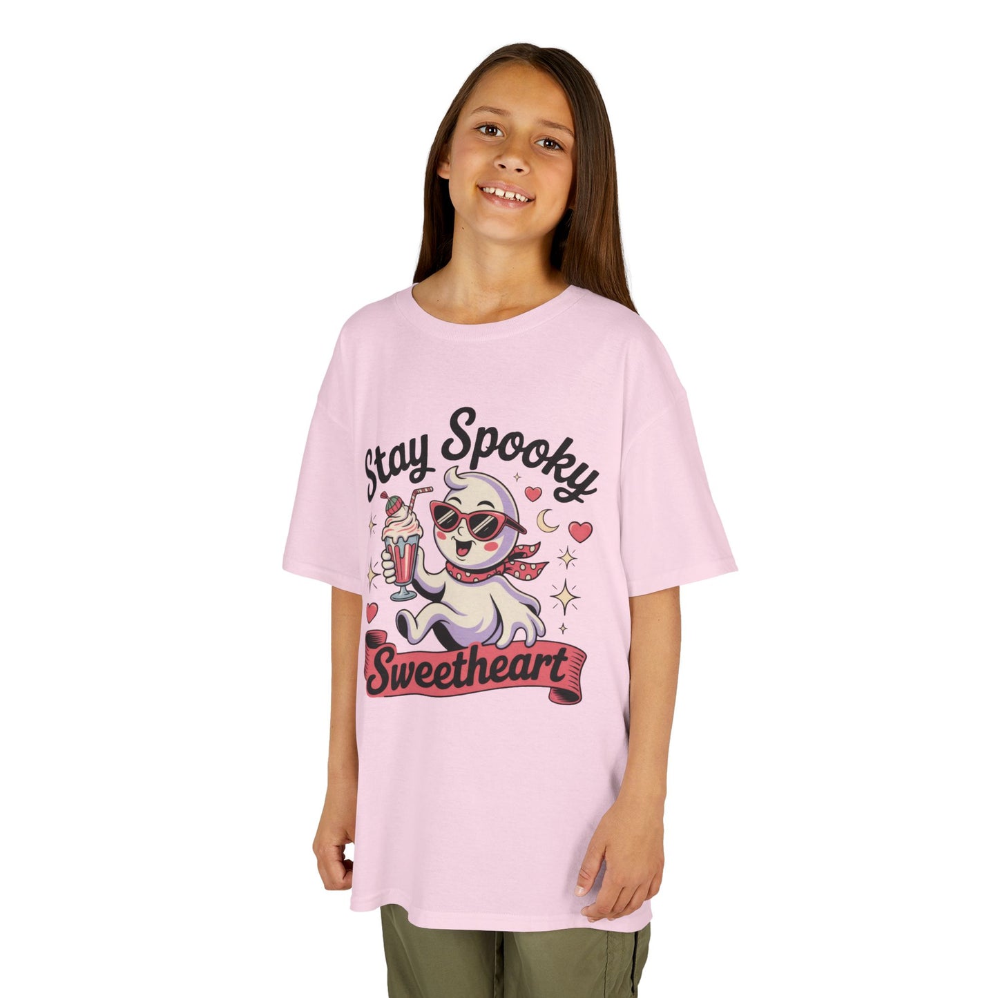 Girls Halloween Ghost T-Shirt, Stay Spooky Sweetheart Tee for Kids, Cute Retro Style Tween Girl Outfit Gift, Kids Heavy Cotton™ Tee
