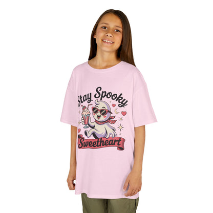 Girls Halloween Ghost T-Shirt, Stay Spooky Sweetheart Tee for Kids, Cute Retro Style Tween Girl Outfit Gift, Kids Heavy Cotton™ Tee