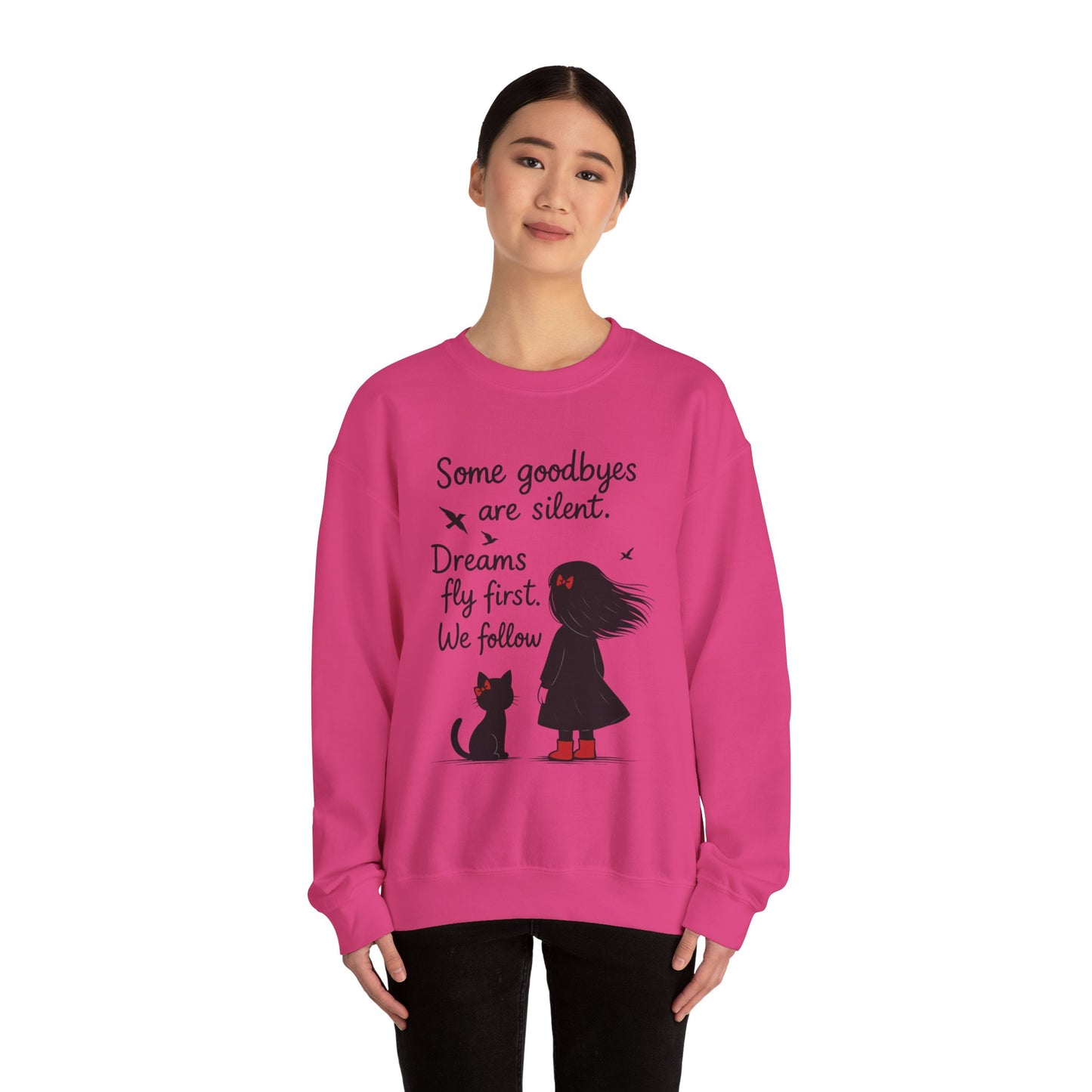 Cozy Farewell Girl & Cat Pullover, Hand Drawn Red Dress Art, Minimalist Womens Crewneck