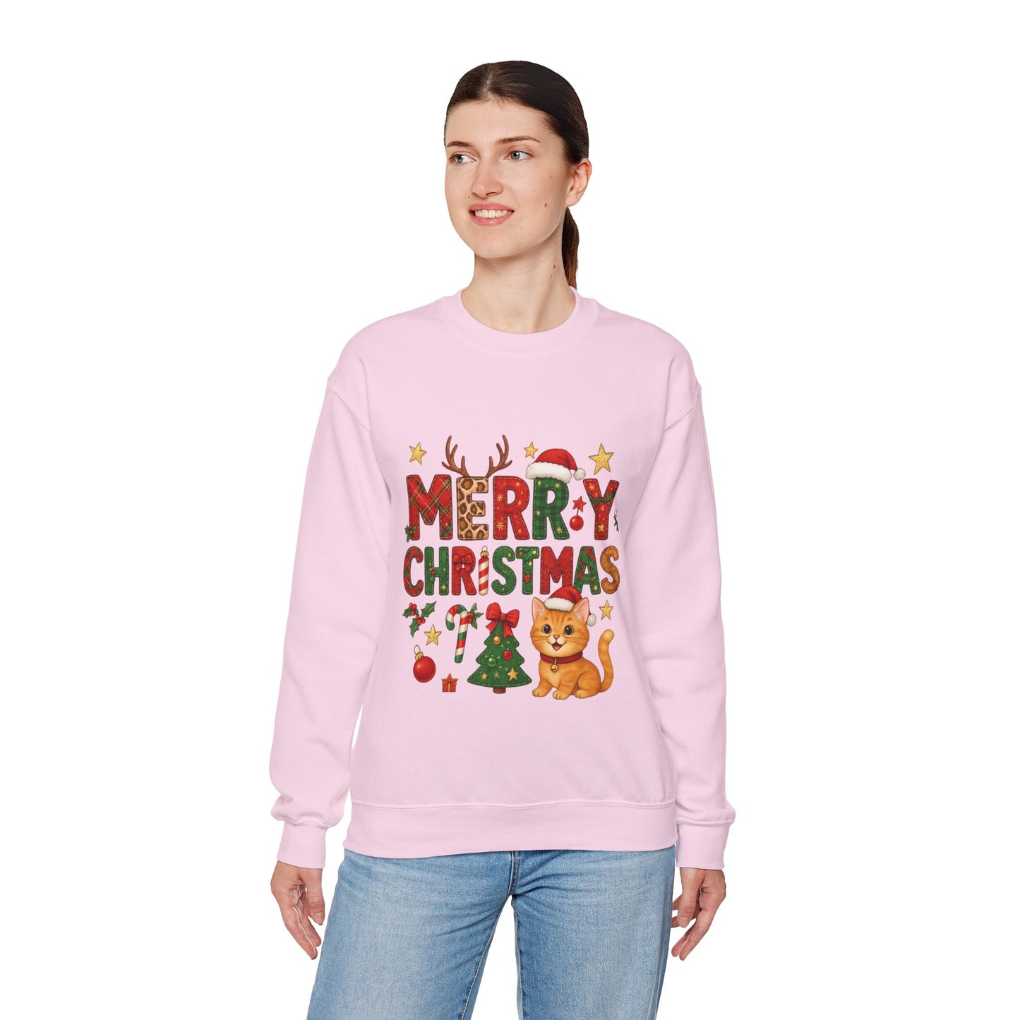 Women's Merry Christmas Cat Sweatshirt, Cozy Holiday Cat Lover Pullover, Women's Heavy Blend™ Crewneck Sweatshirt