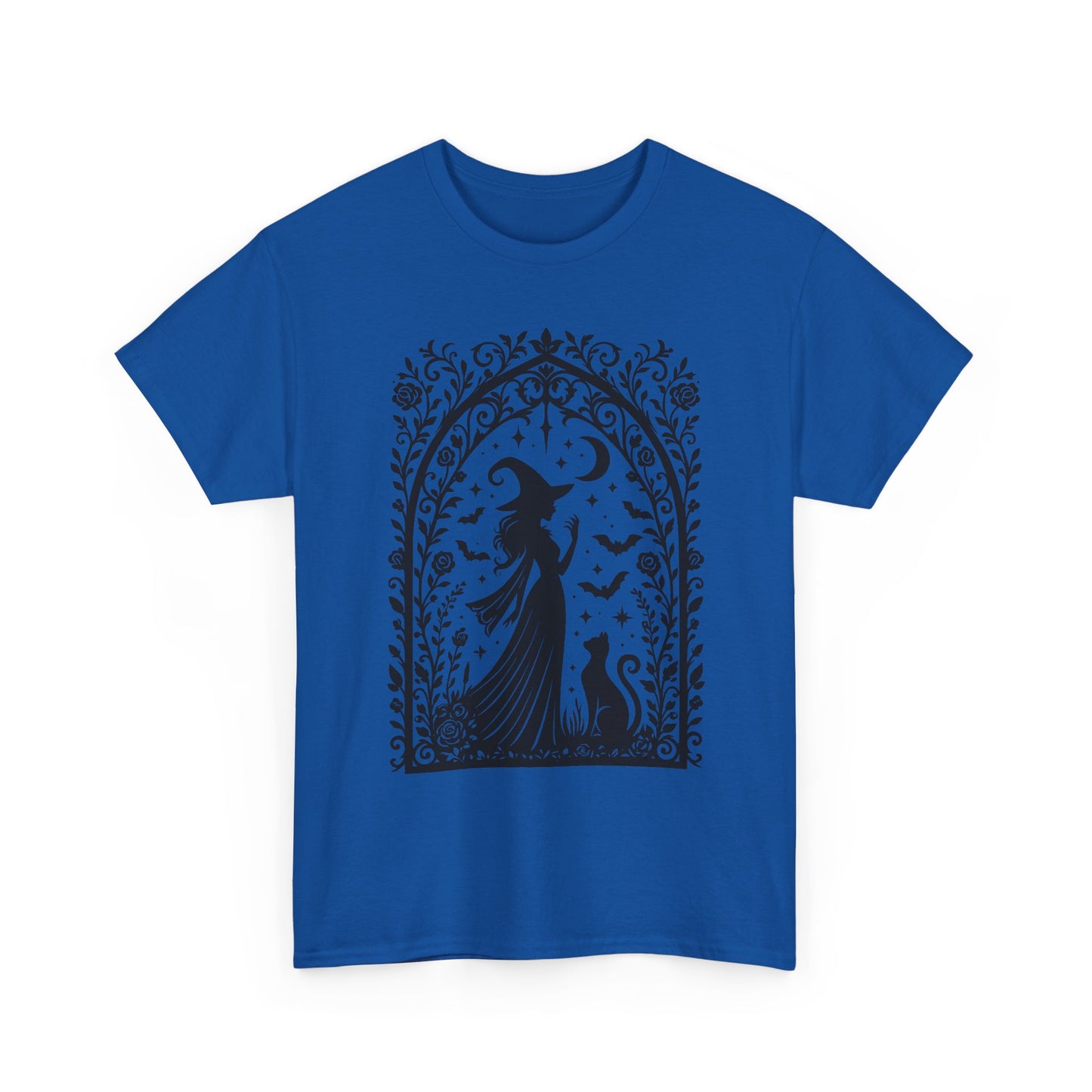 Gothic Witch & Cat Women's T-Shirt, Elegant Halloween Moon Silhouette Witchy Graphic Tee