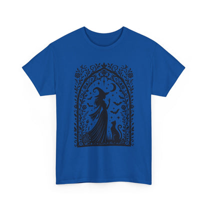 Gothic Witch & Cat Women's T-Shirt, Elegant Halloween Moon Silhouette Witchy Graphic Tee