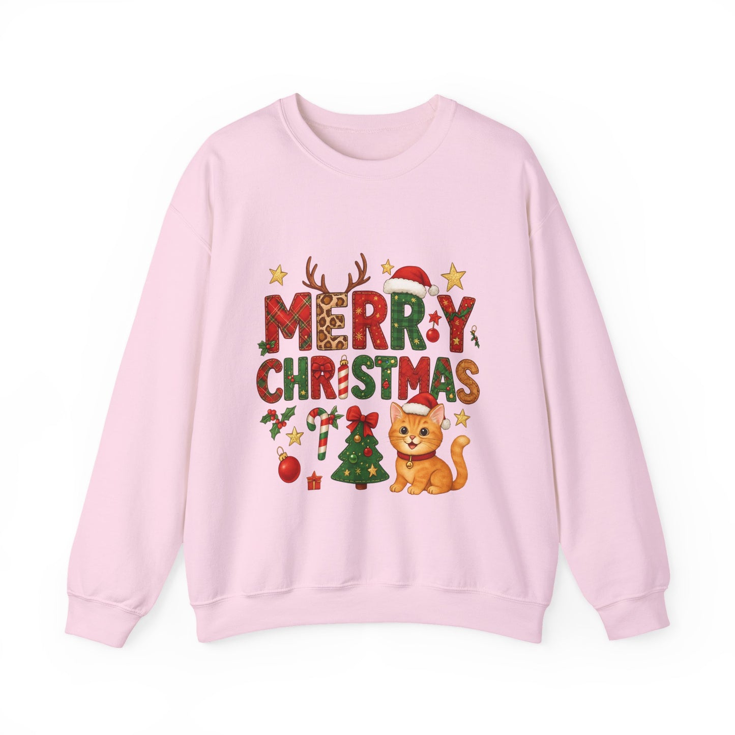 Women's Merry Christmas Cat Sweatshirt, Cozy Holiday Cat Lover Pullover, Women's Heavy Blend™ Crewneck Sweatshirt