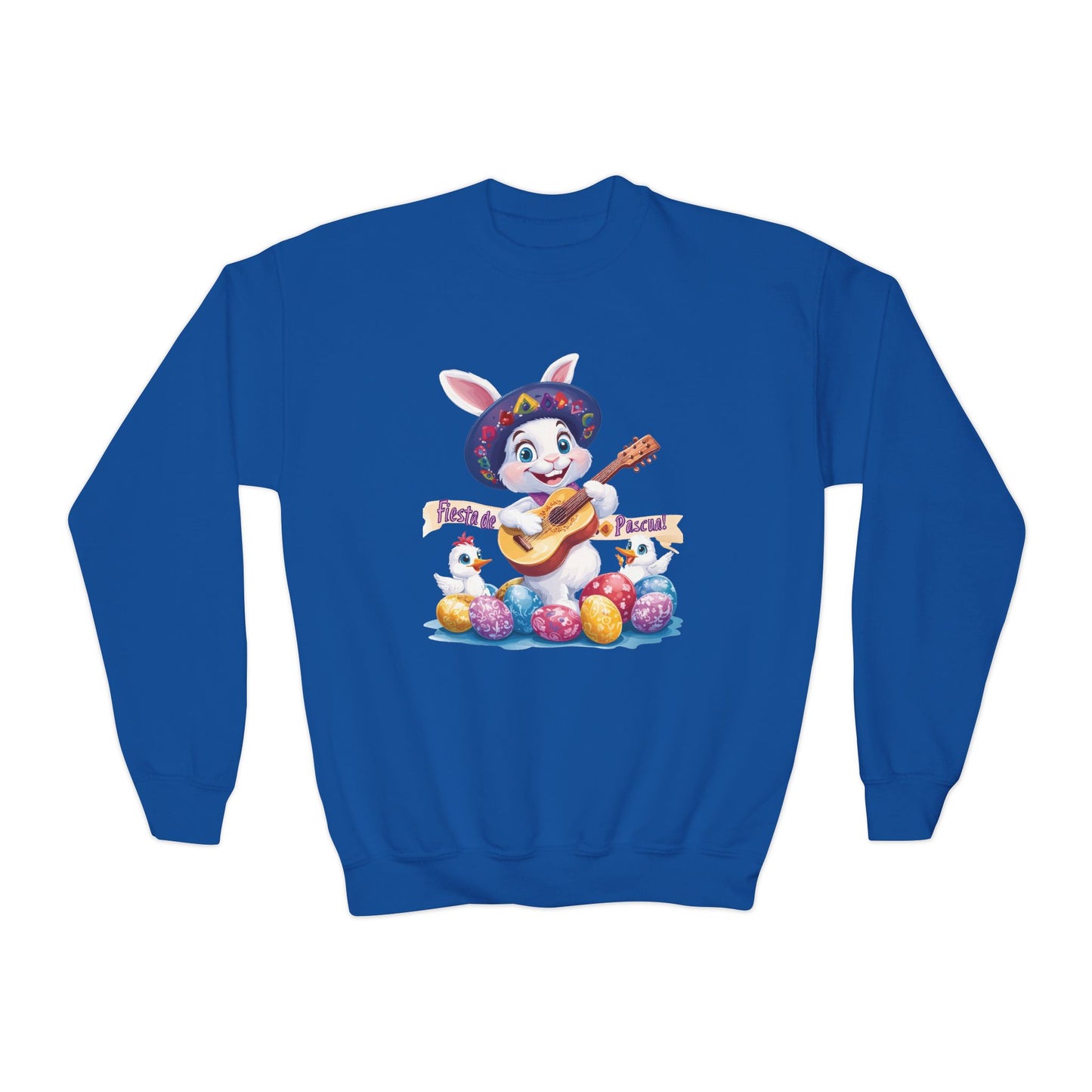 Fiesta de Pascua Bunny Sweatshirt - Mexican Easter Crewneck for Kids, Cute Spring Gift with Guitar Playing Bunny and Colorful Eggs