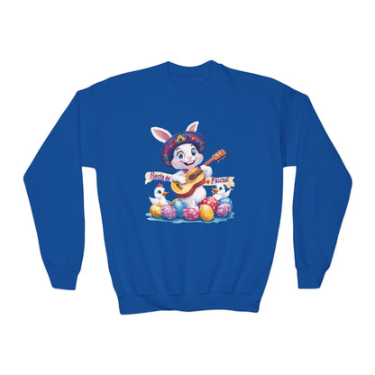 Fiesta de Pascua Bunny Sweatshirt - Mexican Easter Crewneck for Kids, Cute Spring Gift with Guitar Playing Bunny and Colorful Eggs
