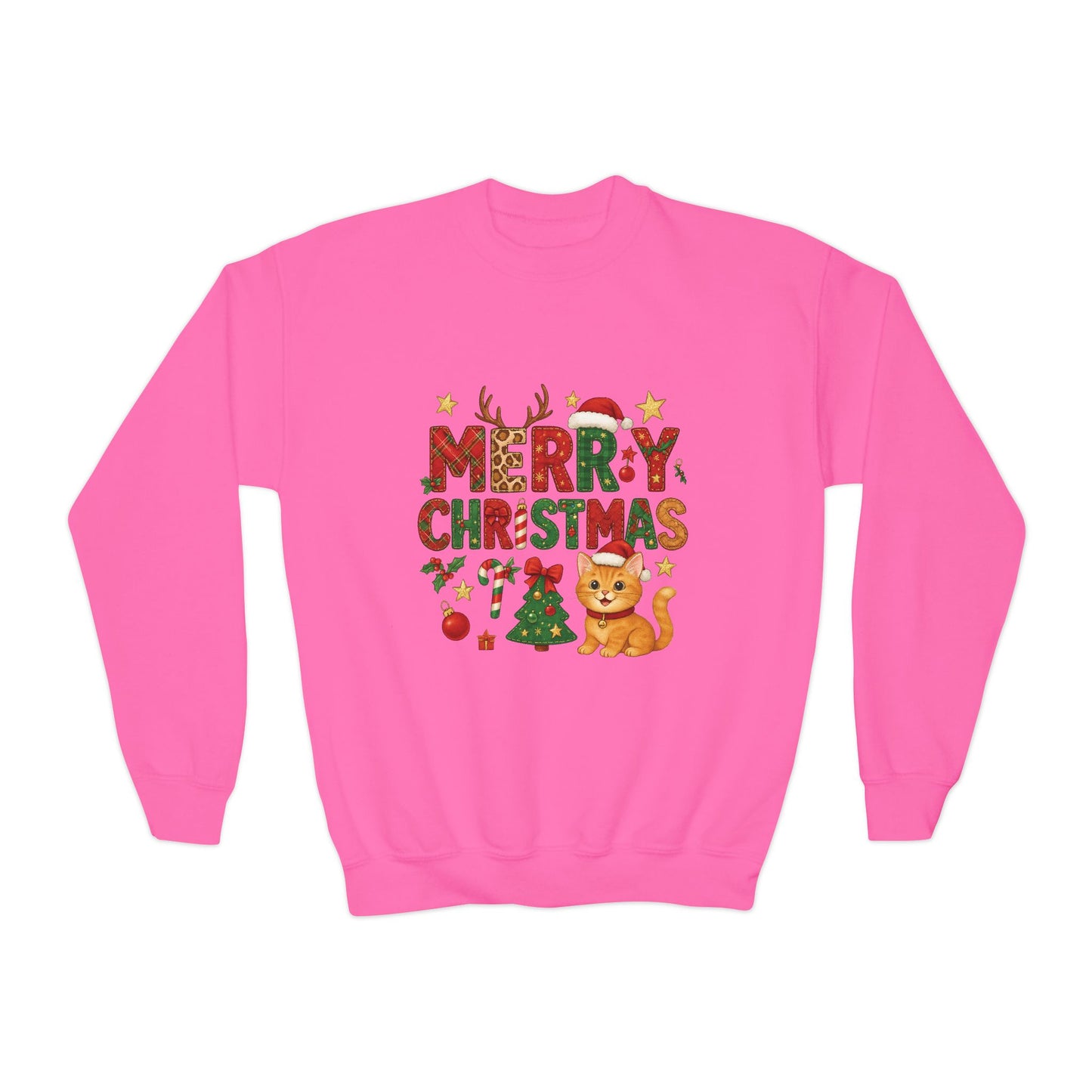 Merry Christmas Cat Sweatshirt for Girls, Cozy Holiday Kitten Jumper, Youth Crewneck Sweatshirt