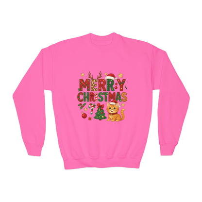 Merry Christmas Cat Sweatshirt for Girls, Cozy Holiday Kitten Jumper, Youth Crewneck Sweatshirt