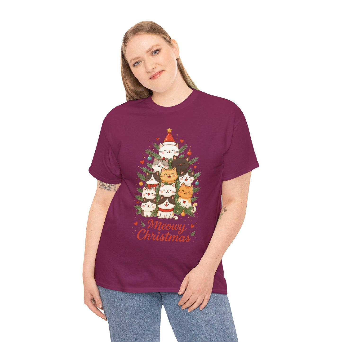 Women's Meowy Christmas Cat T-Shirt, Cute Holiday Kitty Tree Tee