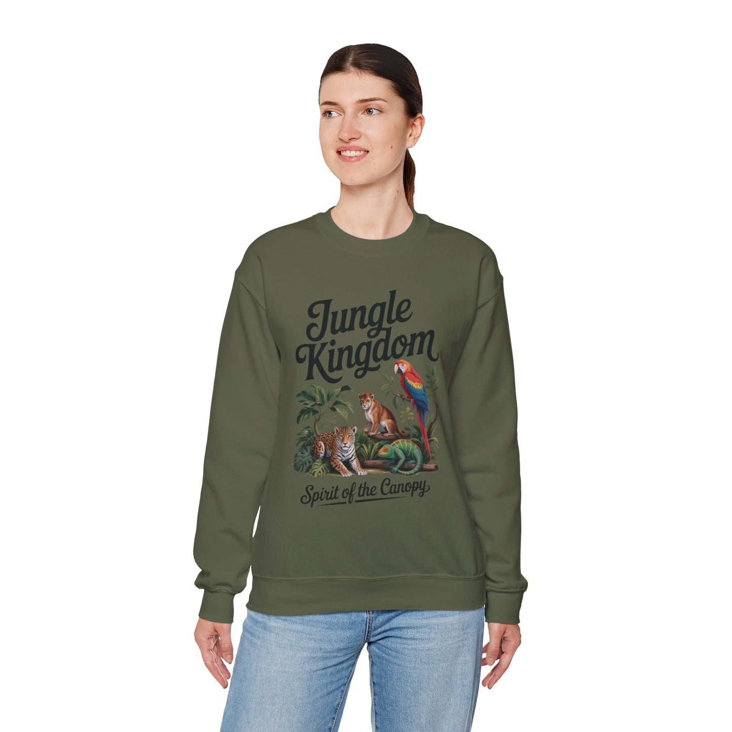 Jungle Kingdom Womens Sweatshirt, Cozy Jungle Crewneck, Nature Lover Gift, Wildlife Artwork, Eco-Conscious Apparel, Animal Enthusiast Clothing