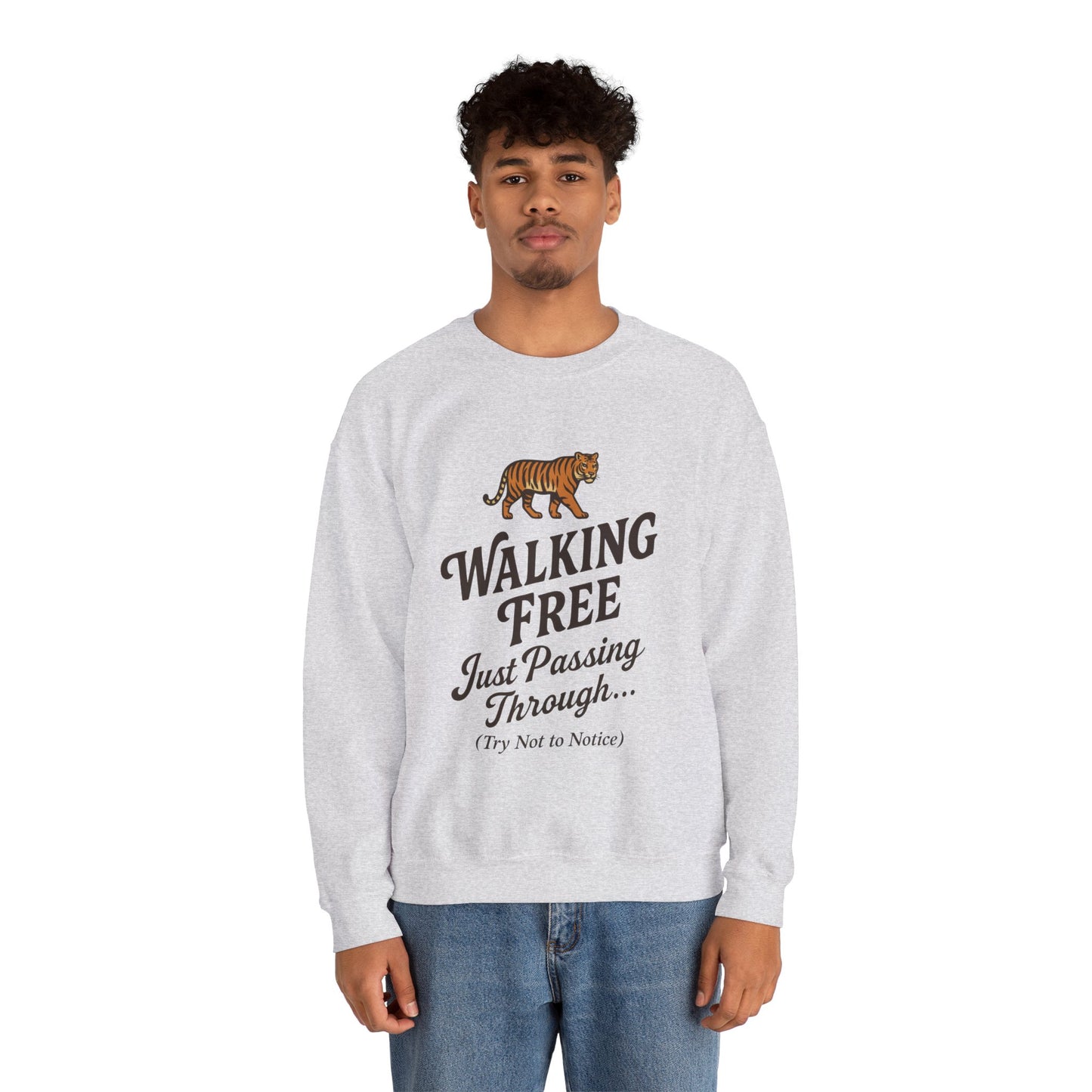 Funny Tiger Mens Crewneck Sweatshirt - Walking Free Cozy Wild Animal Pullover - Motivational Sweatshirt, Inspirational Apparel