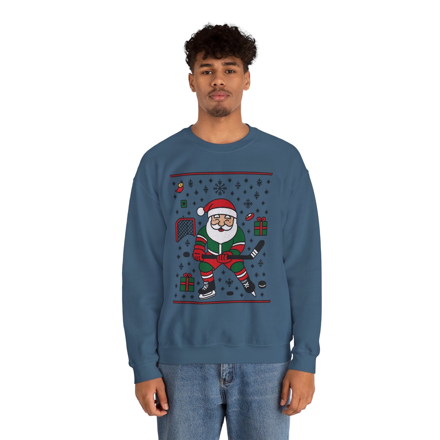 Hockey Santa Men's Christmas Sweatshirt, Funny Sports Holiday Jumper