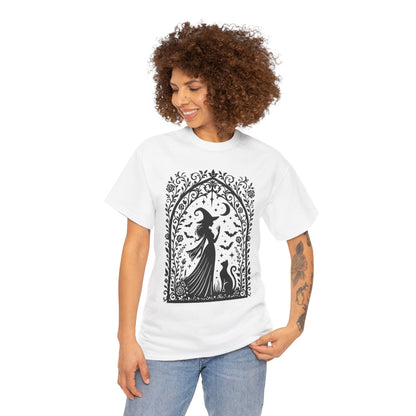 Gothic Witch & Cat Women's T-Shirt, Elegant Halloween Moon Silhouette Witchy Graphic Tee