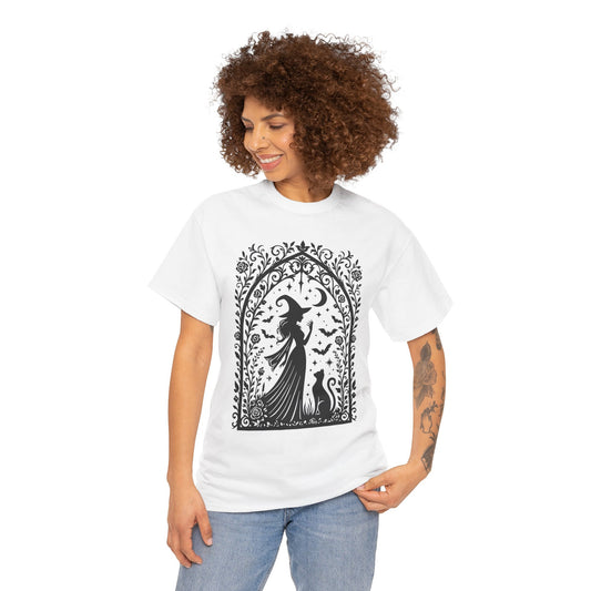 Gothic Witch & Cat Women's T-Shirt, Elegant Halloween Moon Silhouette Witchy Graphic Tee