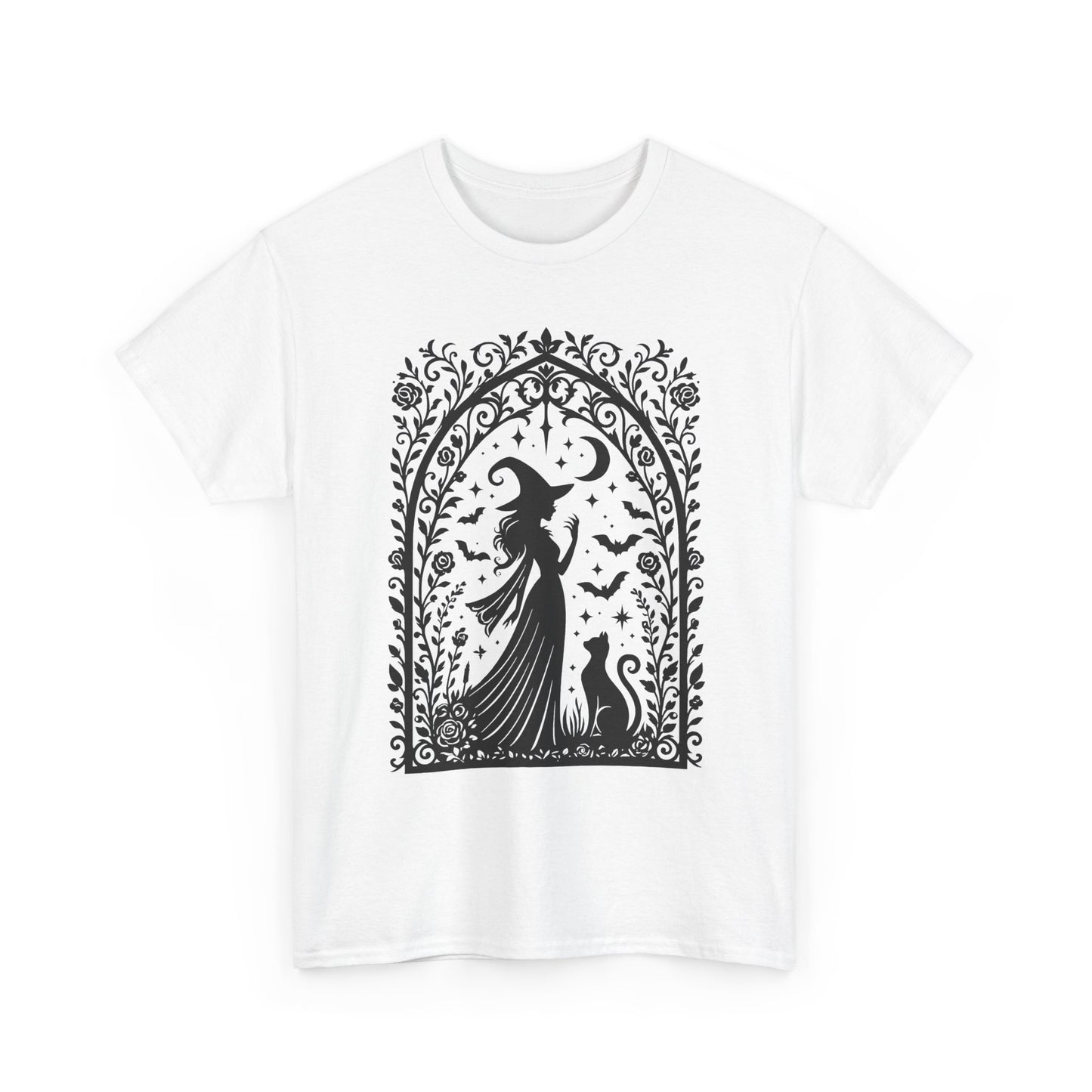 Gothic Witch & Cat Women's T-Shirt, Elegant Halloween Moon Silhouette Witchy Graphic Tee