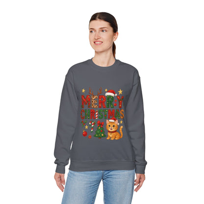 Women's Merry Christmas Cat Sweatshirt, Cozy Holiday Cat Lover Pullover, Women's Heavy Blend™ Crewneck Sweatshirt