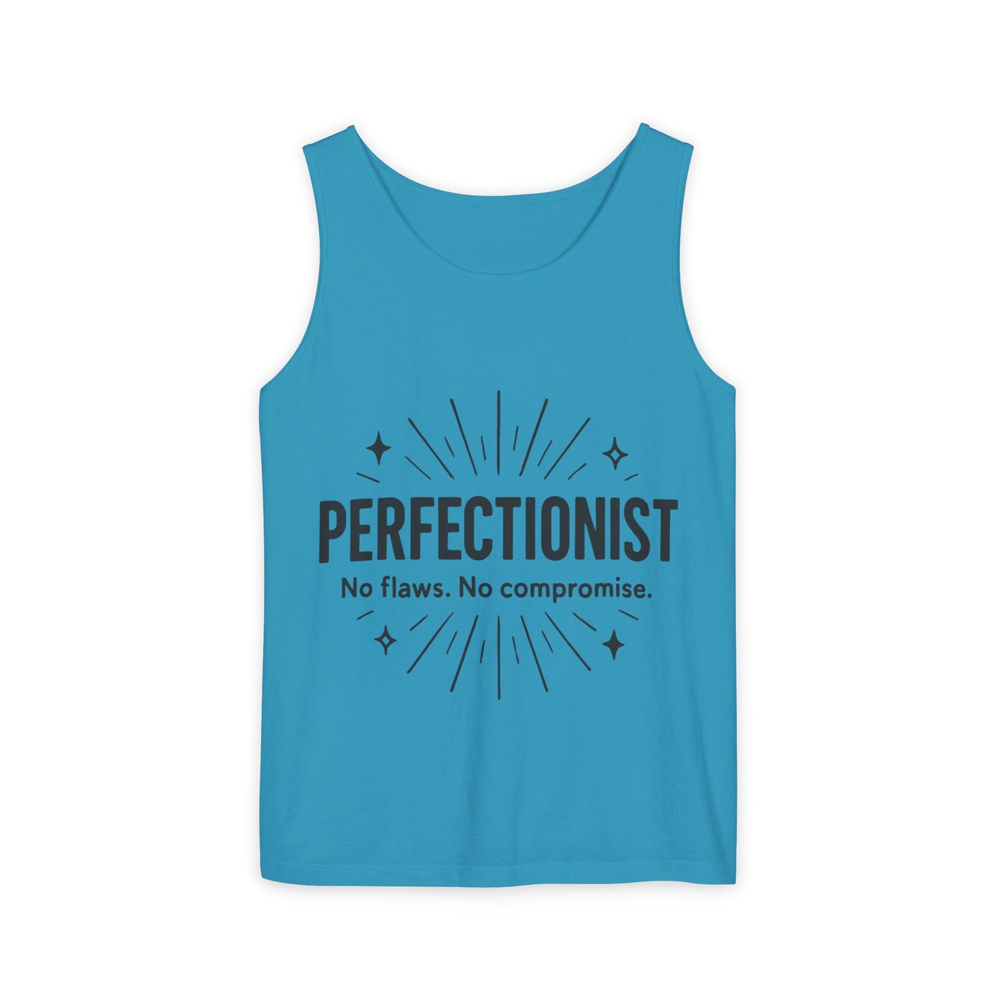 Mens Perfectionist Tank Top, No Flaws No Compromise, Minimal Bold Graphic Tee, Gift for OCD, Clean Freak, or Detail-Oriented Men