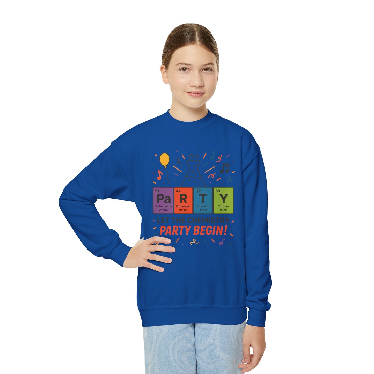 Fun Chemistry Party Youth Crewneck Sweatshirt, Gift for Science Lovers, Birthday Sweatshirt, Kids Party Apparel, Science-Themed Gift