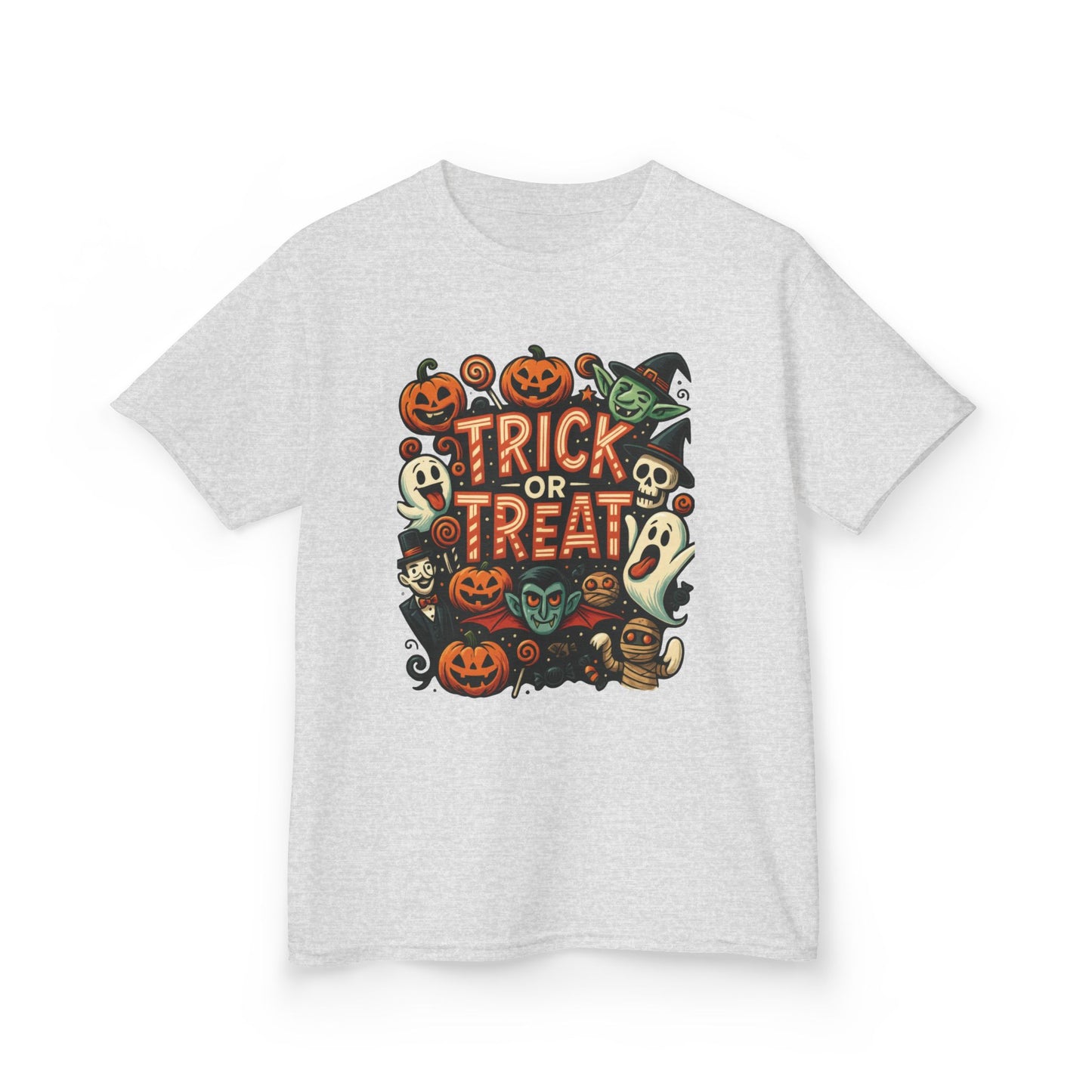 Kids Trick or Treat T-Shirt, Halloween Graphic Tee with Pumpkins, Ghosts & Vampires, Fun Spooky Shirt for Children