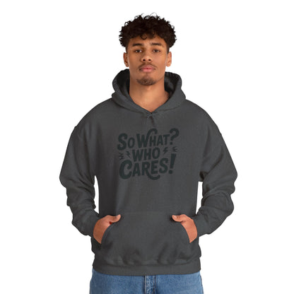 So What? Who Cares! Funny Mens Hoodie, Bold Statement Design, Lightning Graphic Pullover, Rebellious Urban Humor, Funny Streetwear