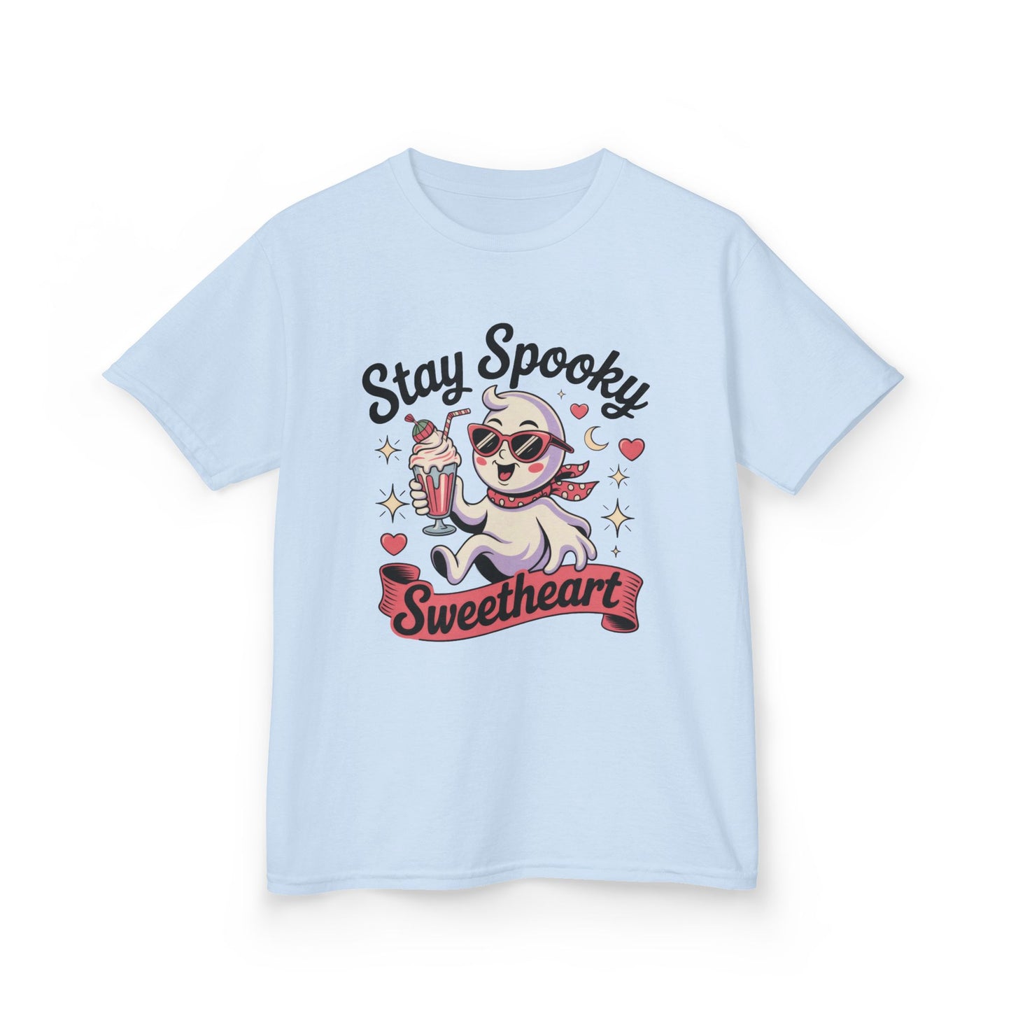 Girls Halloween Ghost T-Shirt, Stay Spooky Sweetheart Tee for Kids, Cute Retro Style Tween Girl Outfit Gift, Kids Heavy Cotton™ Tee