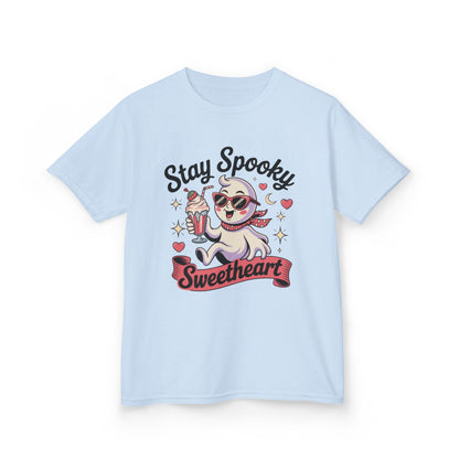Girls Halloween Ghost T-Shirt, Stay Spooky Sweetheart Tee for Kids, Cute Retro Style Tween Girl Outfit Gift, Kids Heavy Cotton™ Tee