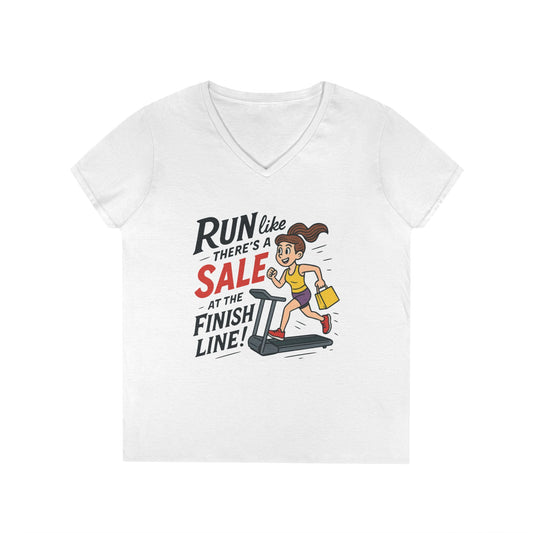 Ladies' V-Neck T-Shirt, Motivational Fitness Tee, Funny Gym Top, Funny Shopping Tee, Treadmill Runner Shirt for Her, For Sale Tee