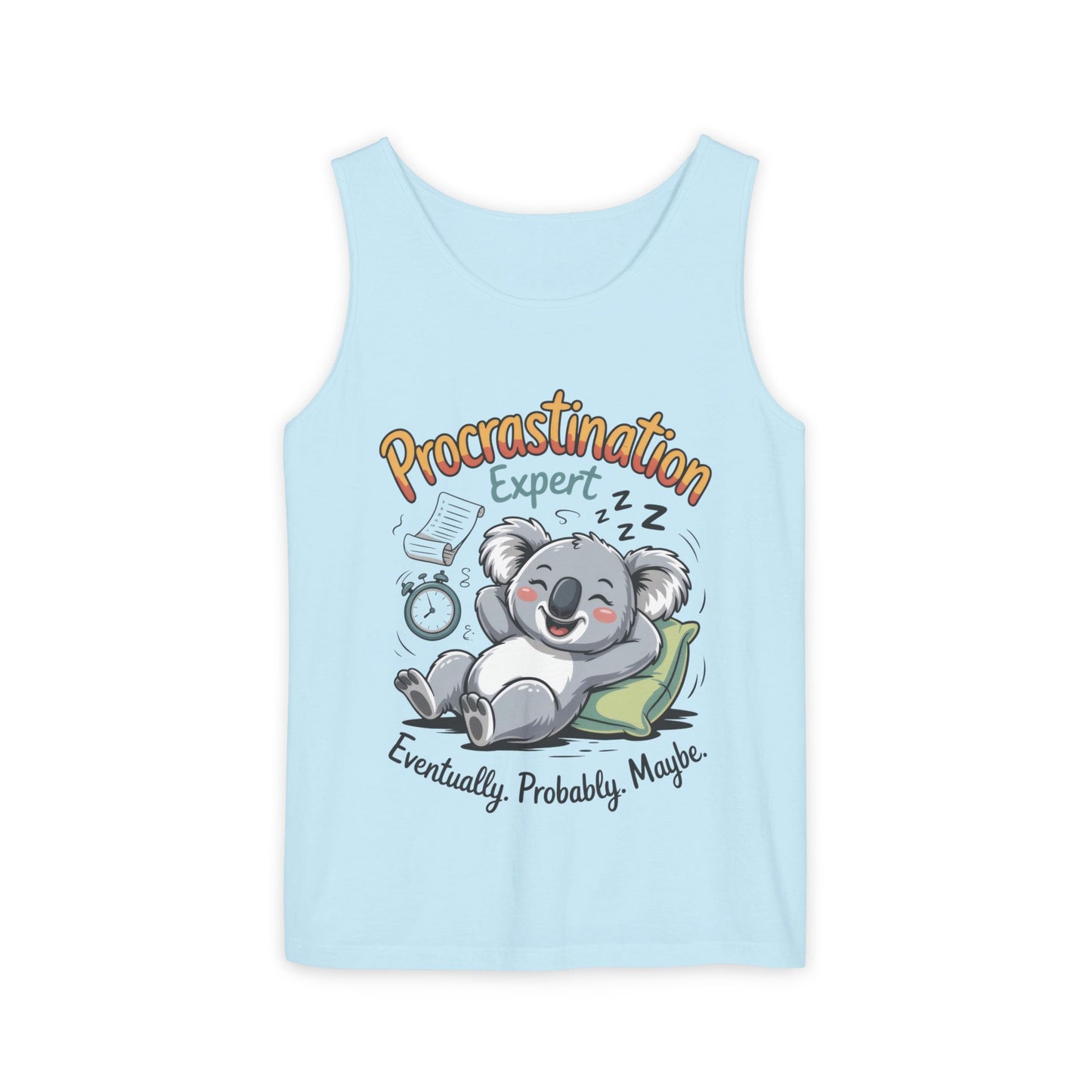 Procrastination Expert Womens Tank Top, Funny Gift for Lazy Days, Relaxed Fit Tee, Casual Summer Wear, Koala Graphic Top, Motivational Apparel