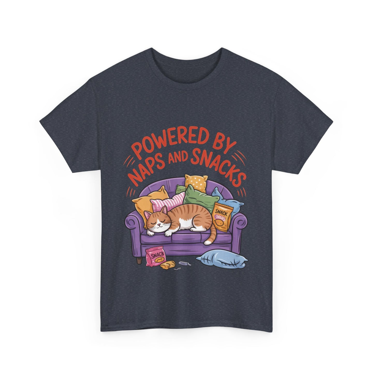 Powered by Naps and Snacks Cat T-Shirt, Funny Lazy Cat Lover Womens Tee, Cute Humor Shirt, Cozy Gift for Her, Cozy Cat Lover T-Shirt