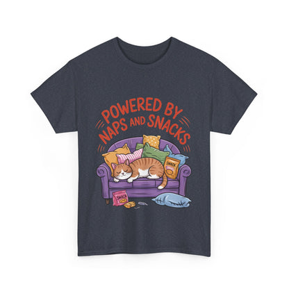 Powered by Naps and Snacks Cat T-Shirt, Funny Lazy Cat Lover Womens Tee, Cute Humor Shirt, Cozy Gift for Her, Cozy Cat Lover T-Shirt