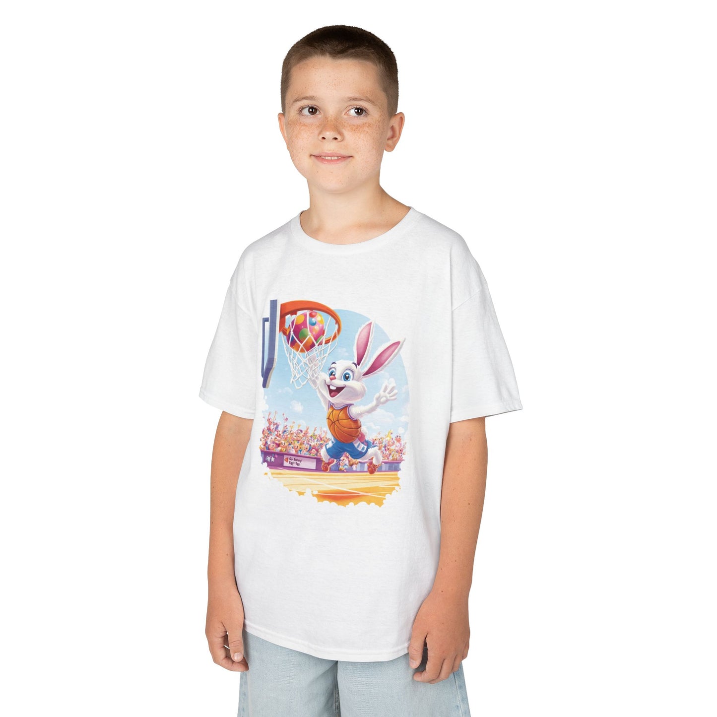 Easter Basketball Bunny Kids T-Shirt - Funny Bunny Dunking Egg Ball, Cute Spring Sports Tee for Kids, Fun Holiday Gift Idea