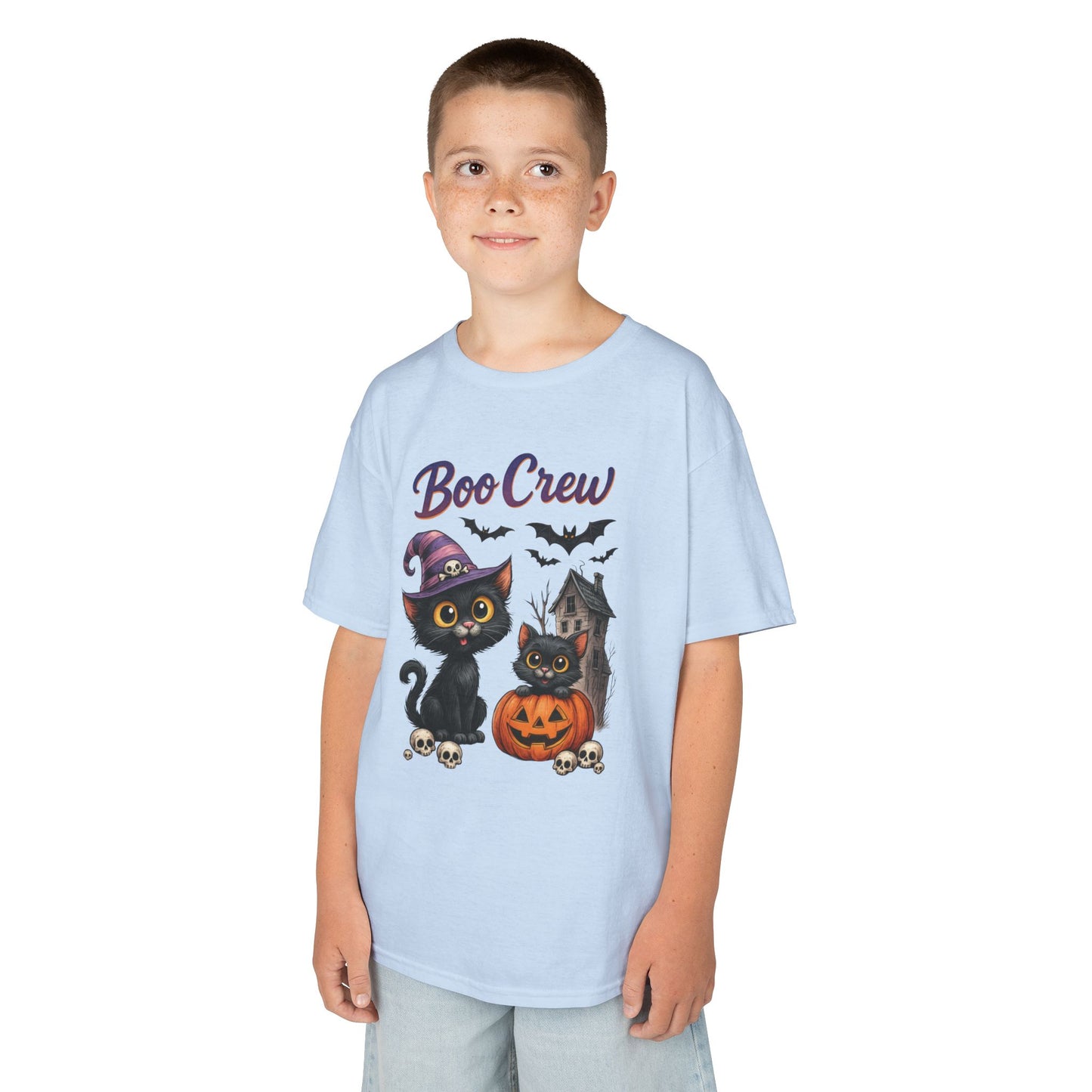 Boo Crew Kids Halloween T-Shirt, Cute Black Cats Pumpkin Design, Fun Spooky Shirt for Girls Boys