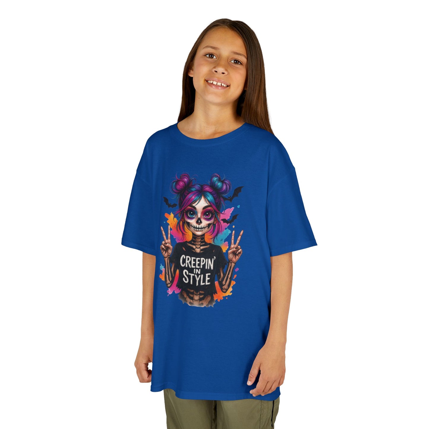 Creepin' in Style Kids Halloween T-Shirt, Colorful Skeleton Girl Design, Cute Spooky Shirt for Trendy Girls