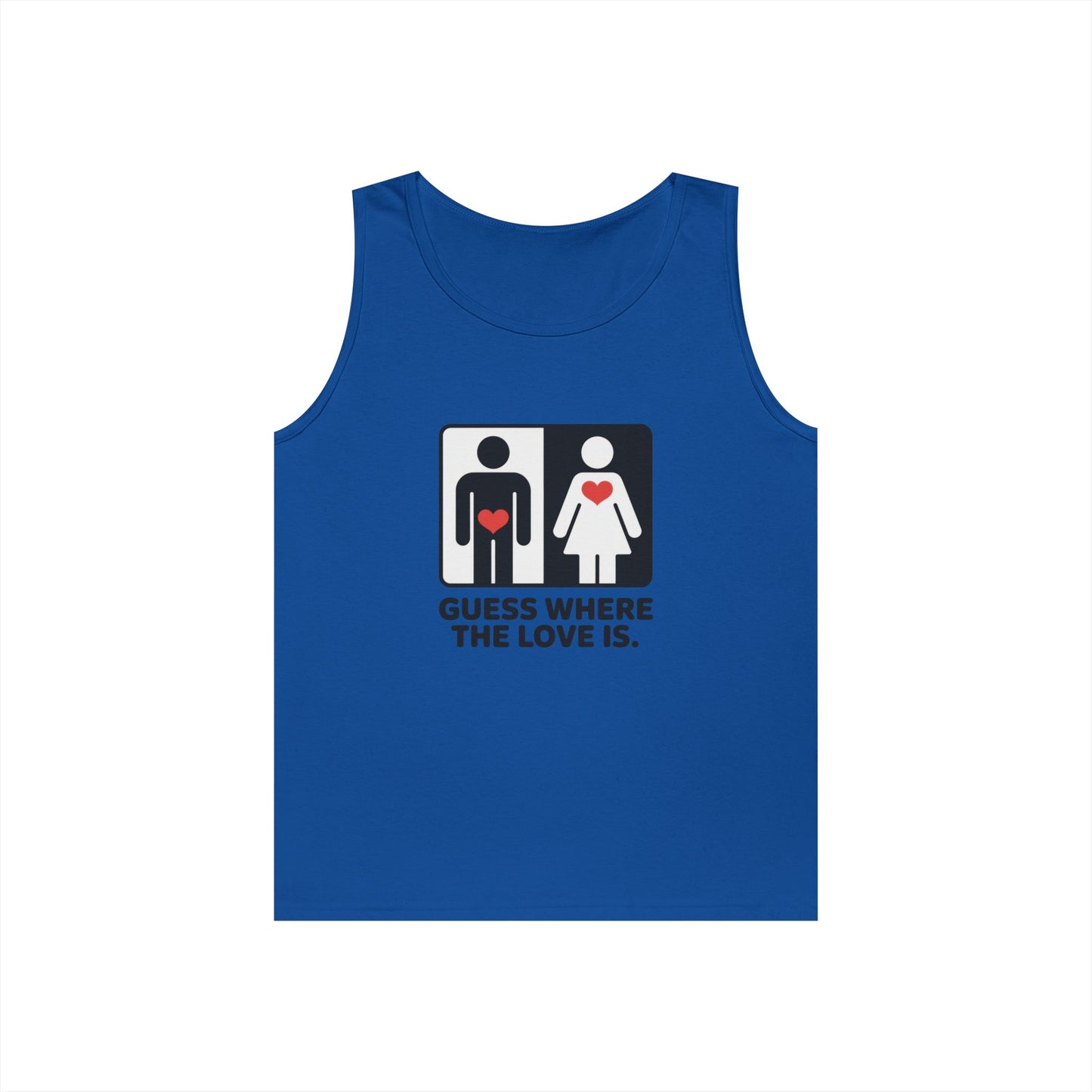 Cute Guess Where The Love Is Mens Tank, Couples Gift, Valentines Day Gift, Relationship Humor Shirt, Funny Tank for Him, Bold Love Joke Tank