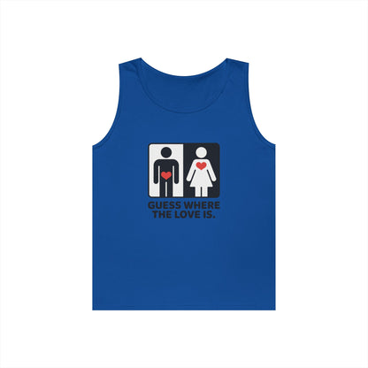 Cute Guess Where The Love Is Mens Tank, Couples Gift, Valentines Day Gift, Relationship Humor Shirt, Funny Tank for Him, Bold Love Joke Tank