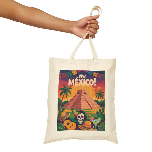 Viva Mexico Cotton Canvas Tote Bag, Eco-Friendly Grocery Bag, Bohemian Beach Bag, Travel Tote, Day of the Dead Gift