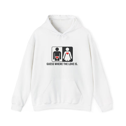 Cute Guess Where The Love Is Mens Hoodie, Sweatshirt for Couples, Valentines Day Gift, Relationship Humor Hoodie, Bold Love Joke Hoodie