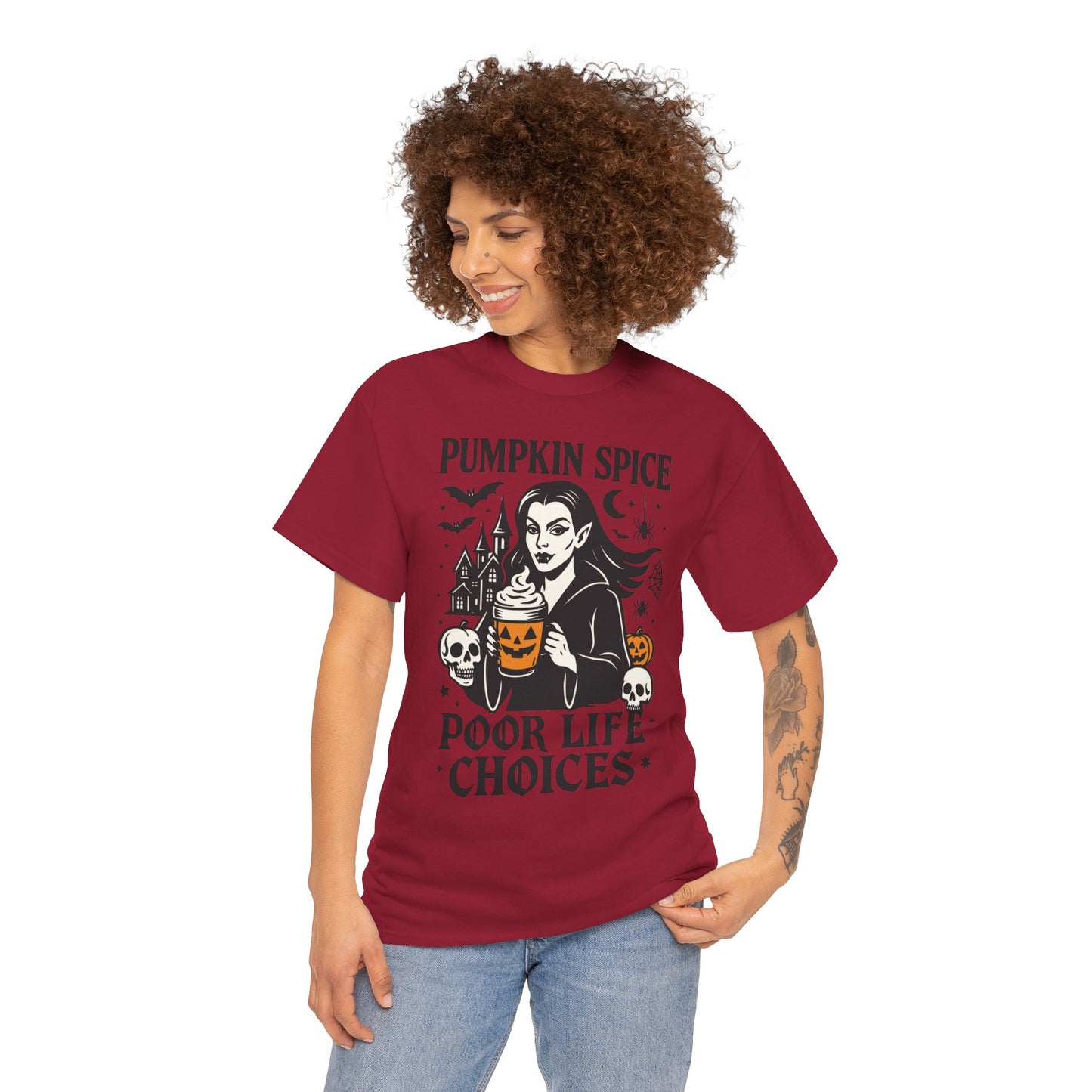 Pumpkin Spice Poor Life Choices Women's T-Shirt, Funny Vampire Coffee Halloween Graphic Tee