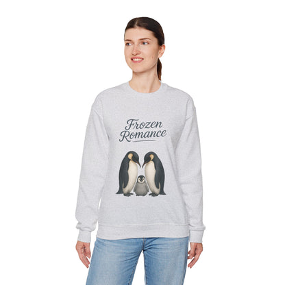 Womens Heavy Blend™ Crewneck Sweatshirt, Womens Frozen Romance Penguin Sweatshirt, Cute Animal Pullover, Romantic Graphic Top