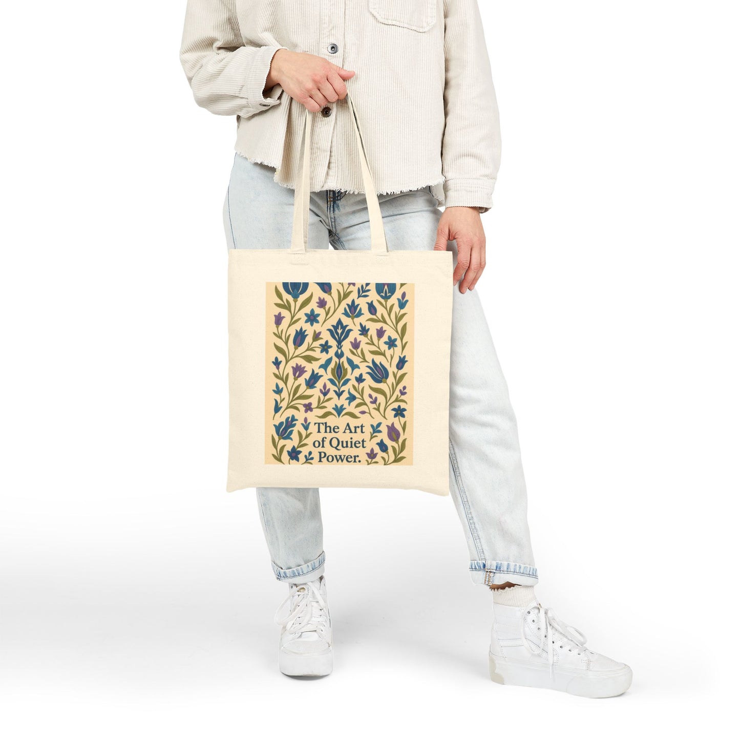 The Art of Quiet Power Tote Bag, Elegant Blue Floral Pattern Canvas Bag, Minimal Botanical Turkish Tile Inspired Gift Bag