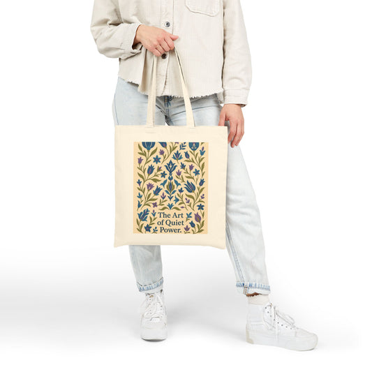 The Art of Quiet Power Tote Bag, Elegant Blue Floral Pattern Canvas Bag, Minimal Botanical Turkish Tile Inspired Gift Bag