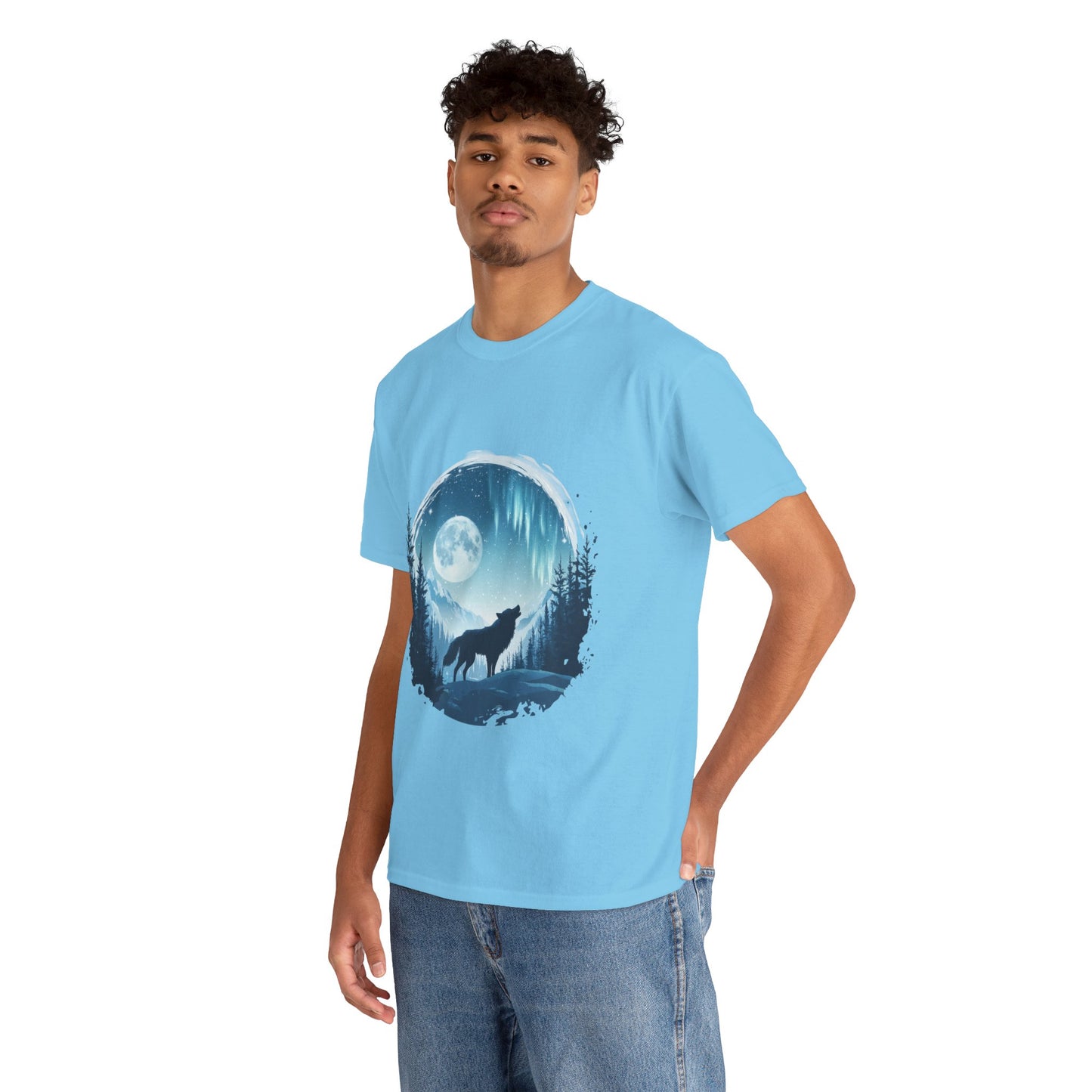 Howling Wolf Under Moonlight Men's T-Shirt, Full Moon Forest Scene Tee, Nature Lover Gift, Outdoor Adventure Clothing