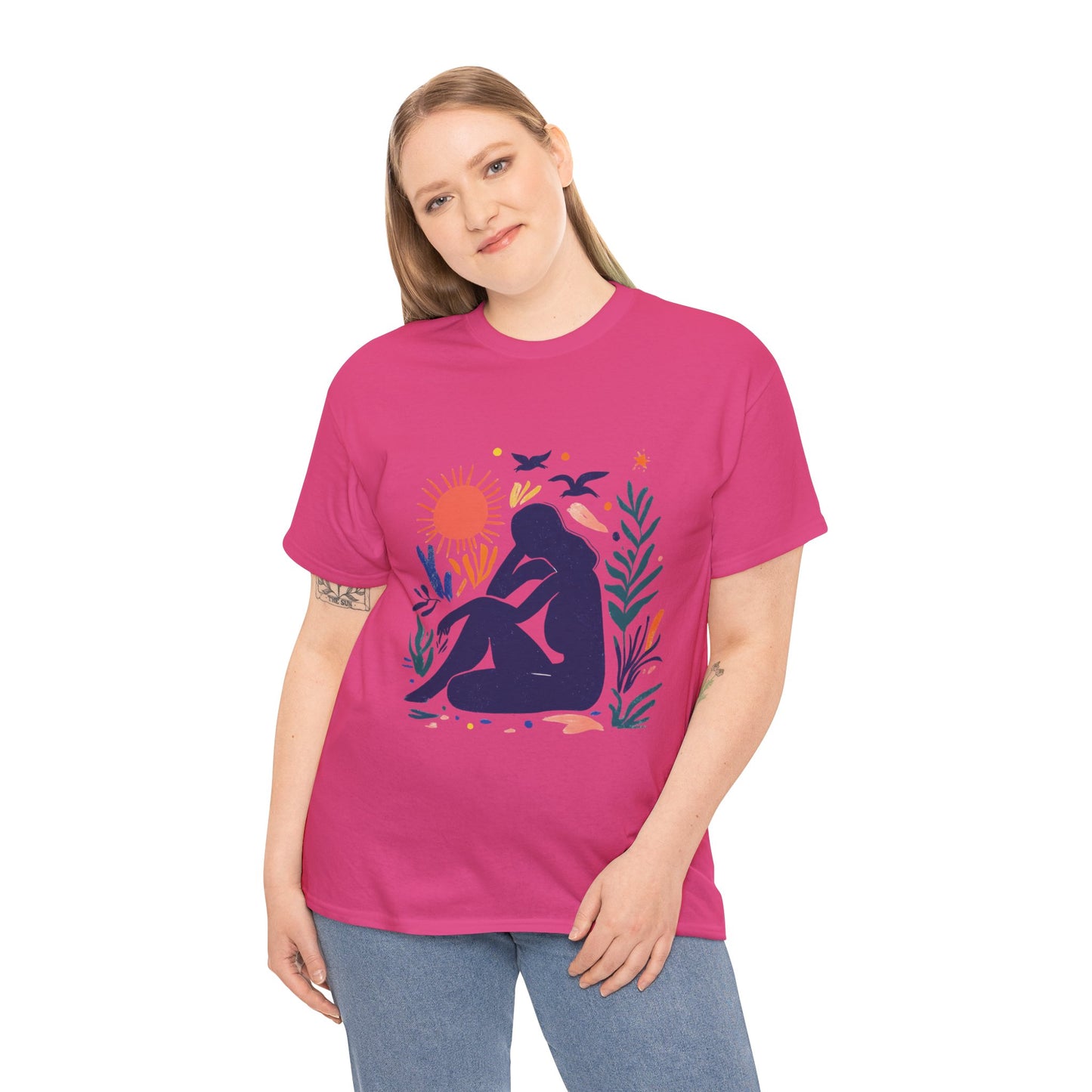 Boho Chic Unisex T-Shirt, Minimal Abstract Woman T-Shirt, Tee for Nature Lovers, Sun and Nature Print, Artistic Silhouette Tee