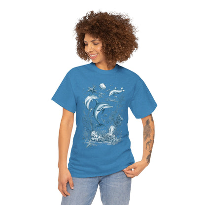 Ocean Life Dolphin T-Shirt, Women's Cotton Tee with Underwater Sea Creatures, Marine Nature Gift Shirt, Perfect for Beach Lovers